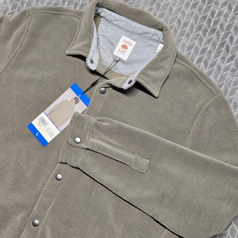 Copper & Oak Mens Corduroy Shirt Jacket Gray Green Snap Front Large NWT Shacket